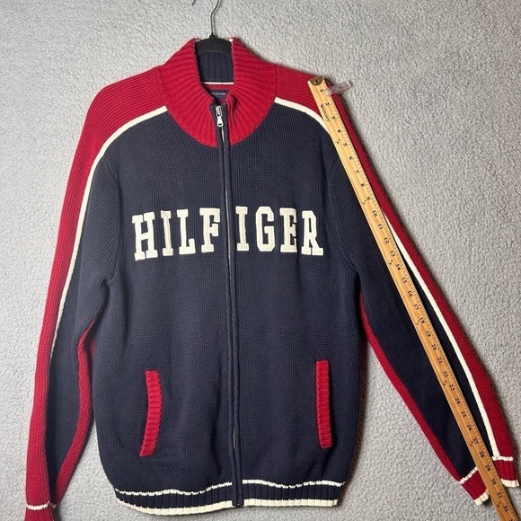 Tommy Hilfiger Sweater Mens‎ Large Blue Red Embroidered Spell Out Full Zip VTG - Picture 8 of 13